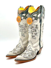 Corral Ladies White  Silver C3935 Embroidered Crystal Studded LeatherBoots 6.5