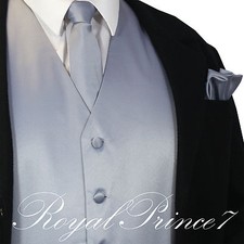 Men's Silver Gray XS - 6XL Tuxedo Suit Dress Vest Waistcoat Neck tie And Hanky