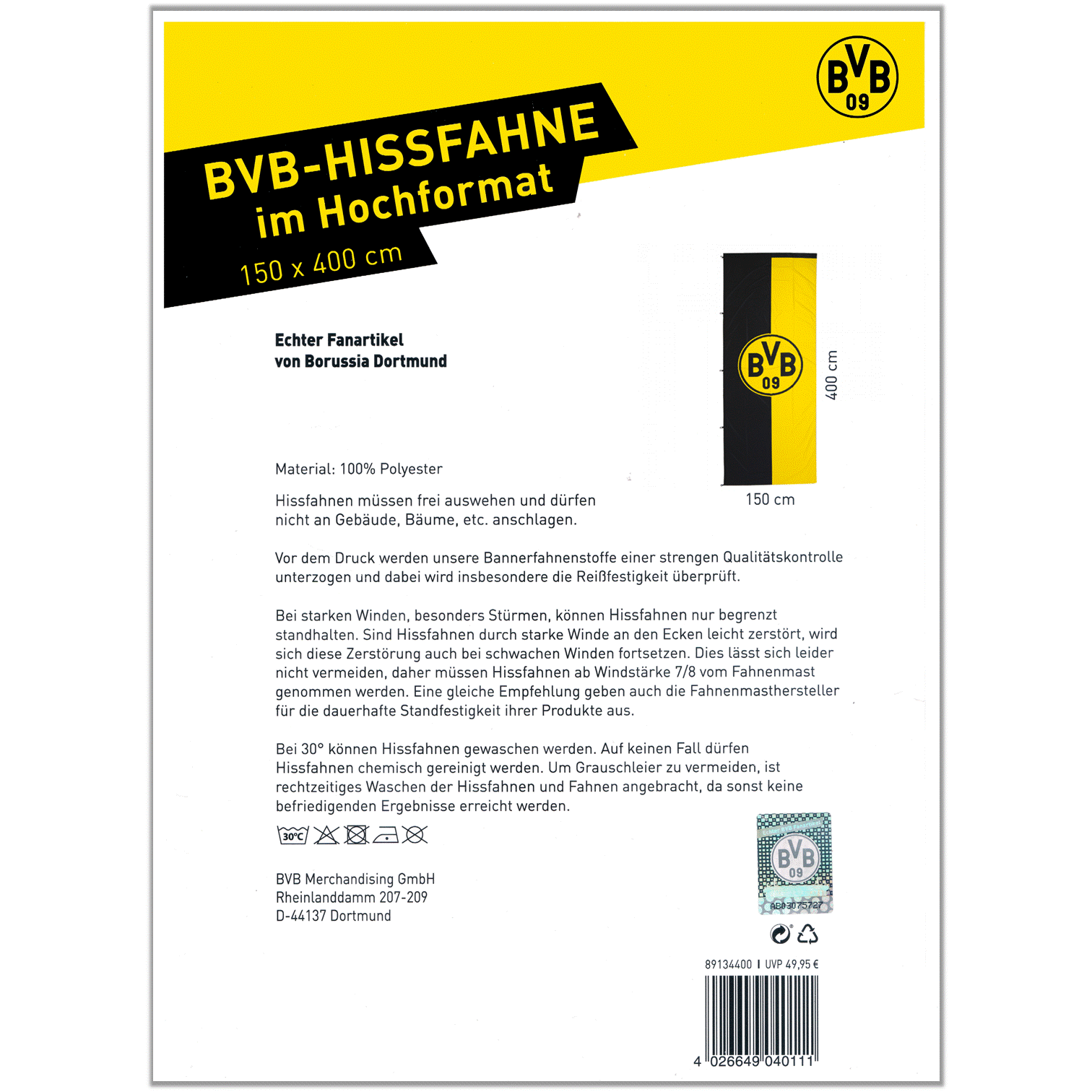 Borussia Dortmund BVB Hissfahne - 150x100cm Für Garten & Balkon