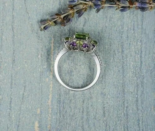 4 Ct Emerald Cut Peridot Lab Created Halo Split Shank Ring 14K White Gold Plated - Picture 6 of 9