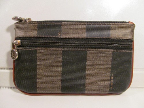 FENDI ROMA Pequin double zip Nero Stripe 6 x 3 Coin Purse Bag Italy AUTH vintage
