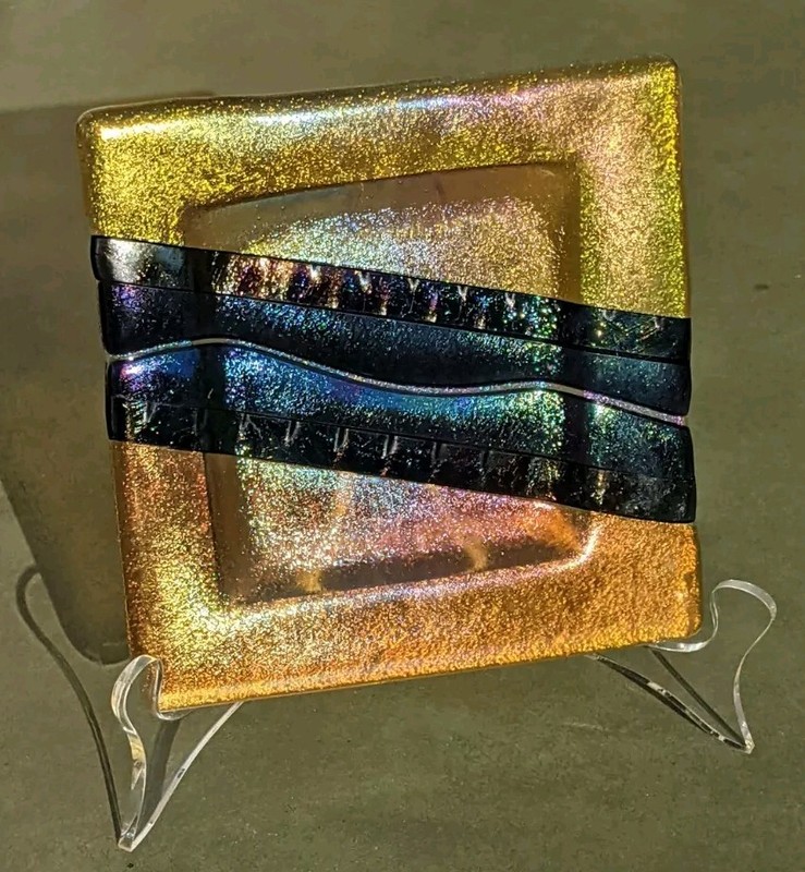 6" Square Fused Glass Tray: Chris Paulson Gold & Blue Iridescent Peacock Stripe!
