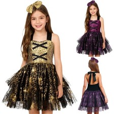Kids Girls Witch Costume Shinny Halter Backless Mesh Tutu Dress Birthday party