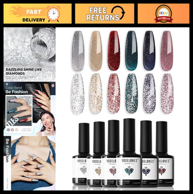 Glitter Gel Nail Polish Set - 6 Colors Dark Red Pink Silver Gold Black, Shimmeri