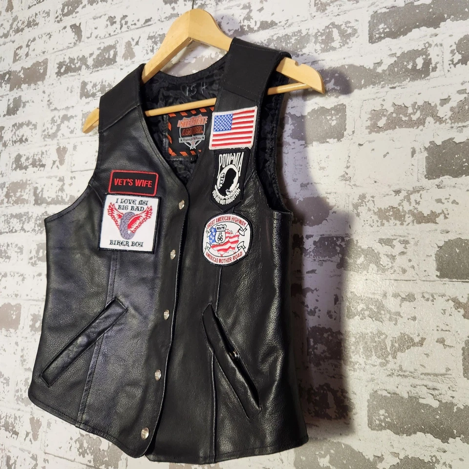 Interstate Leather Womens Motorcycle Biker Vest Patches USA Flag Harley Davidson - Image 3 of 4