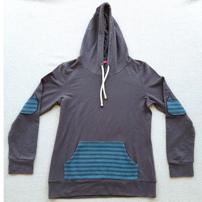 Cen Hoodie Womens Size M Gray Cat Elbow Patch Striped Pocket Pullover Sweatshirt