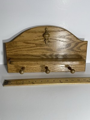 Vintage Rustic Oak Wood Entryway Wall Key Holder/Hanger w Coat Hooks Shelf