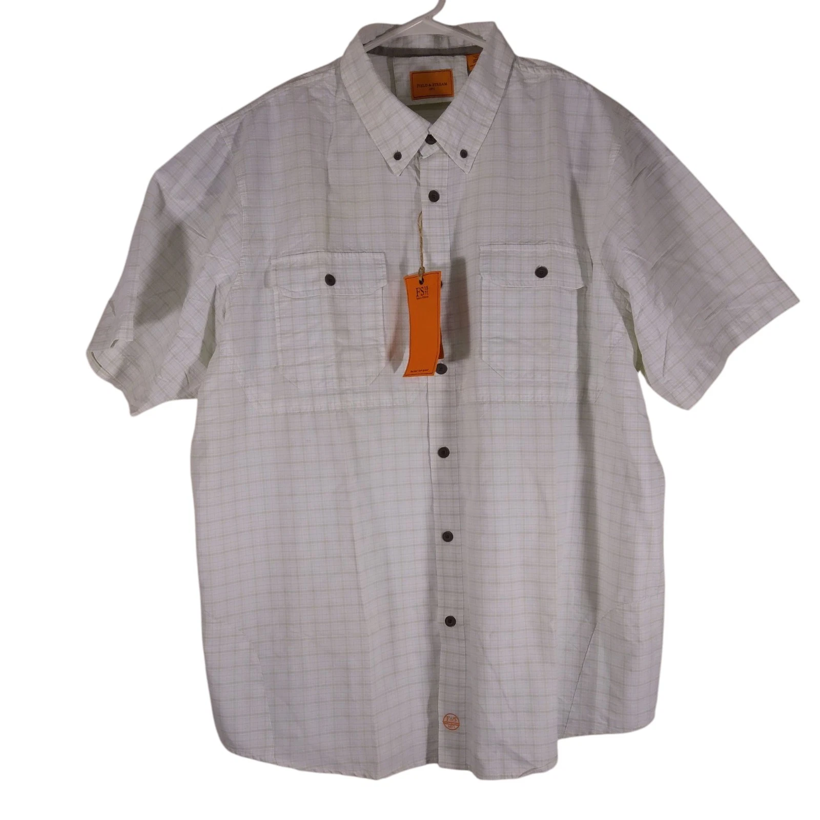 Field & Stream shirt mens XL XLarge white green plaid nylon outdoor long sleeve