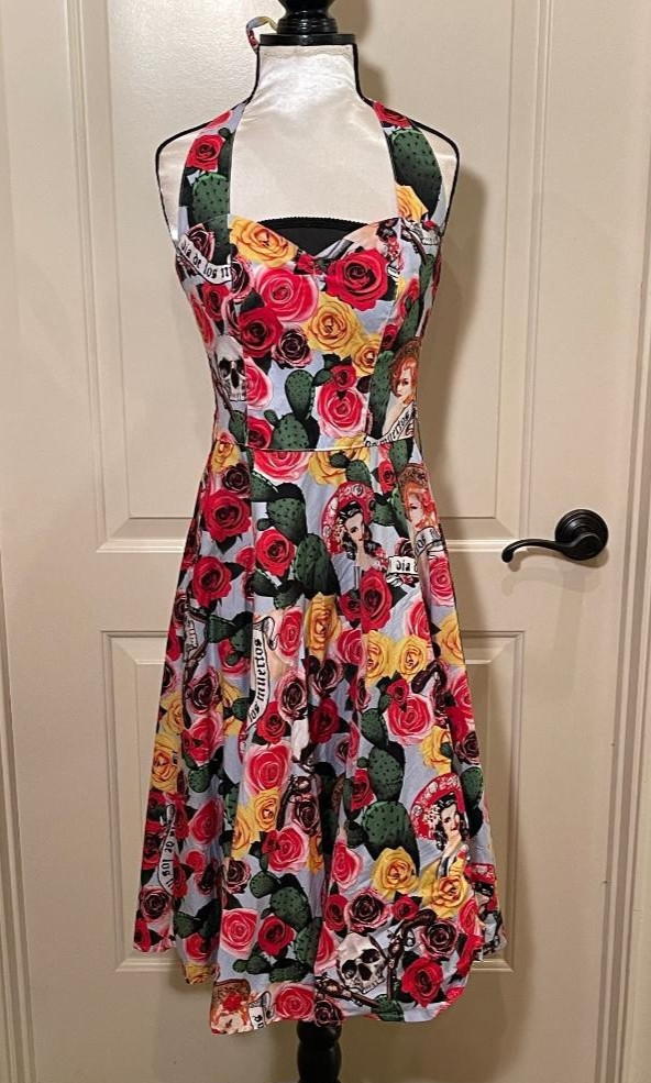 Hell Bunny Vixen Womens Day of the Dead Artsy Vibrant fit/flare, Halter Dress XS