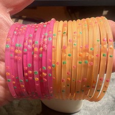Girls Pink Orange Floral Lightweight Glass Bangle Bracelets Set Flowers Theme