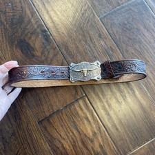 Vintage Tony Lama Boy's Belt With Longhorn Buckle Brown Leather Size 24