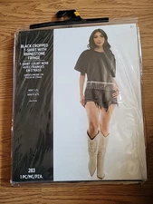 Costume, Female, Black Cropped T-Shirt w/ Rhinestone Fringe, Adult L/XL KBW