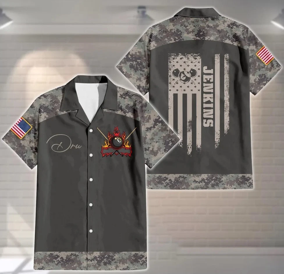 Personalized Camo Billiard Hawaiian Shirt, Custom Team Name Billiard USA Button