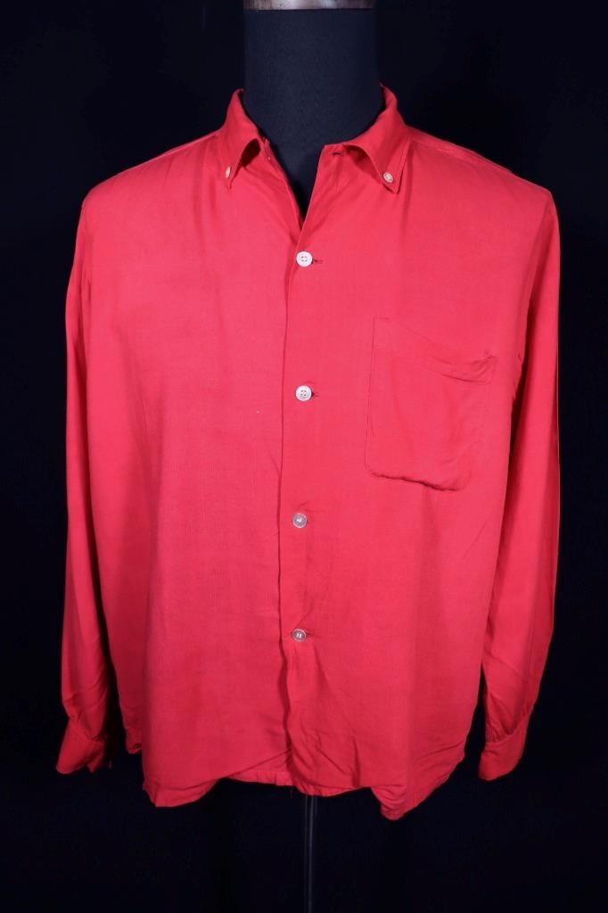 Vintage Campus 1950's Red Rayon Gabardine Shirt Size … - Gem