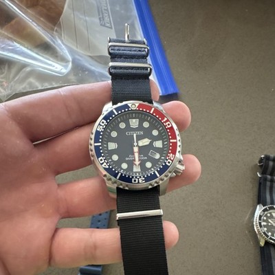 Citizen Eco-Drive Diver 200m Men's Wristwatch Black Nylon Strap Blue-Red Bezel