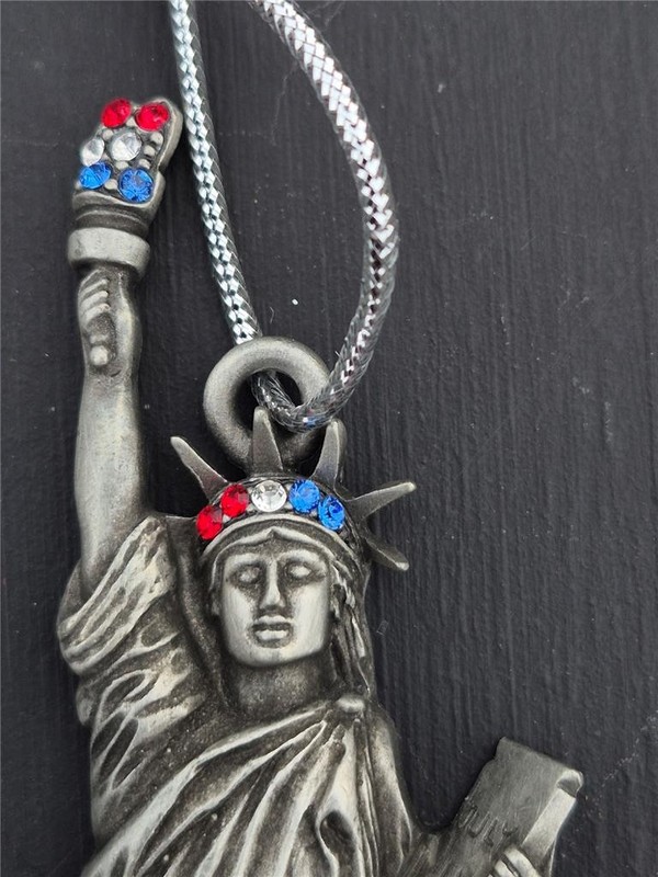 PATRIOTIC CHRISTMAS ORNAMENT PEWTER STATUE OF LIBERTY LADY COLORED RHINESTONES