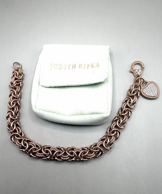 Judith Ripka Sterling Rose Gold Verona Texture Byzantine Heart Charm Bracelet 8 