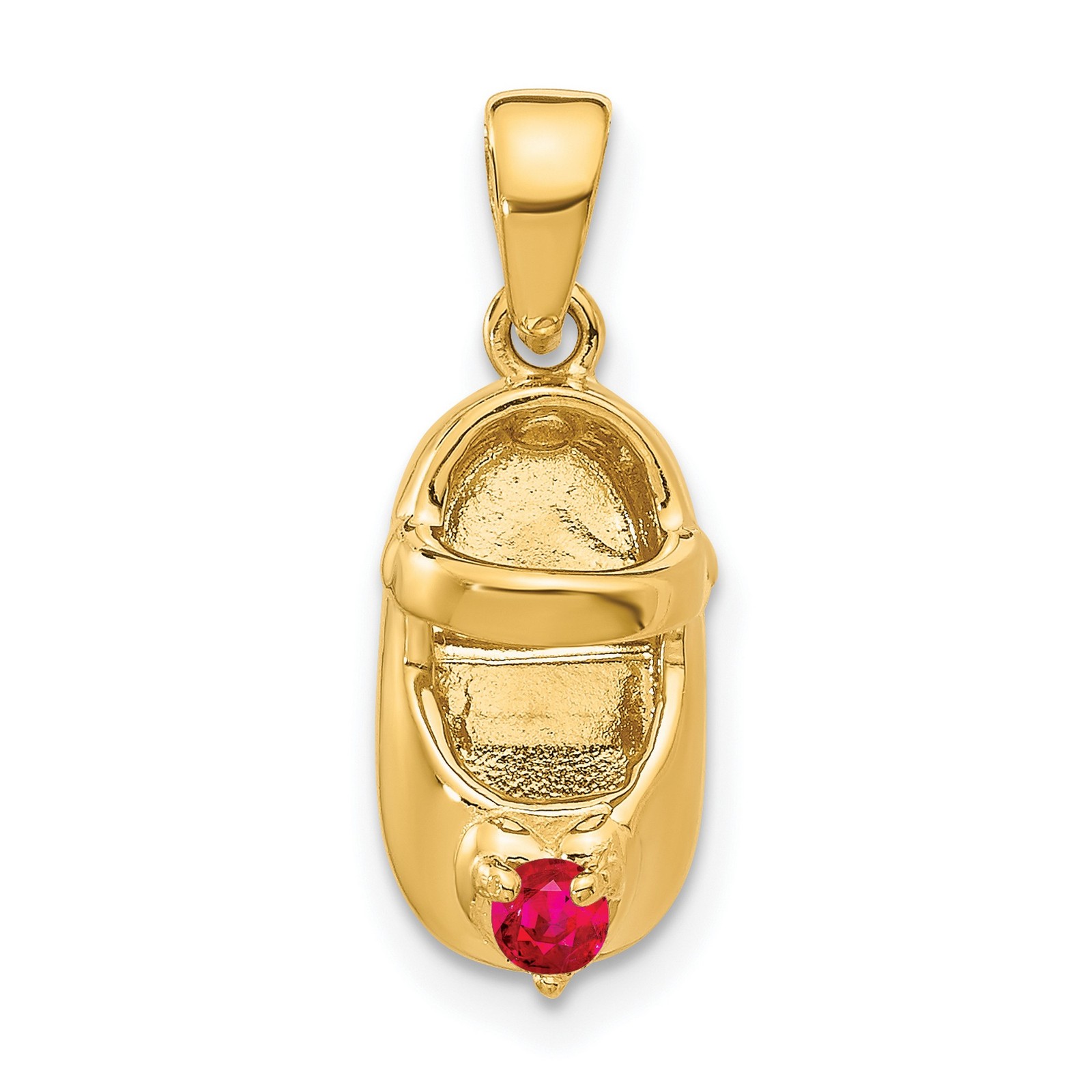 14k Yellow Gold 3-D July Synthetic Stone Engraveable Baby Shoe Charm Pendant