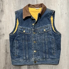 Vintage Denim Trucker Vest Yellow Quilted Lining Sleeveless Biker Jean Vest Sz S