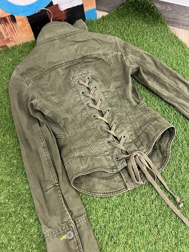 Rare Diesel Vintage Y2K Womens Olive Green Denim Corset Lace Up Biker Jacket S - Picture 10 of 10
