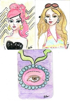 Aceo Watercolor ''Abstract Eye and Two Sophiscated Women Signed and Dated