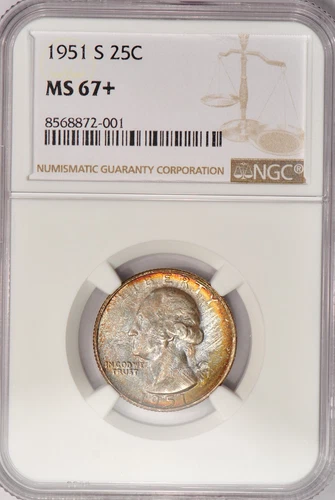 1951 S TONED Washington Quarter NGC MS 67 PLUS MS67+ SEE VIDEO Toning Coin 25C