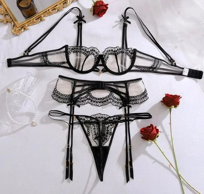 schwarzes Dessous-Set Bh Set transparent mit Stickereien S - Bild 1 von 4