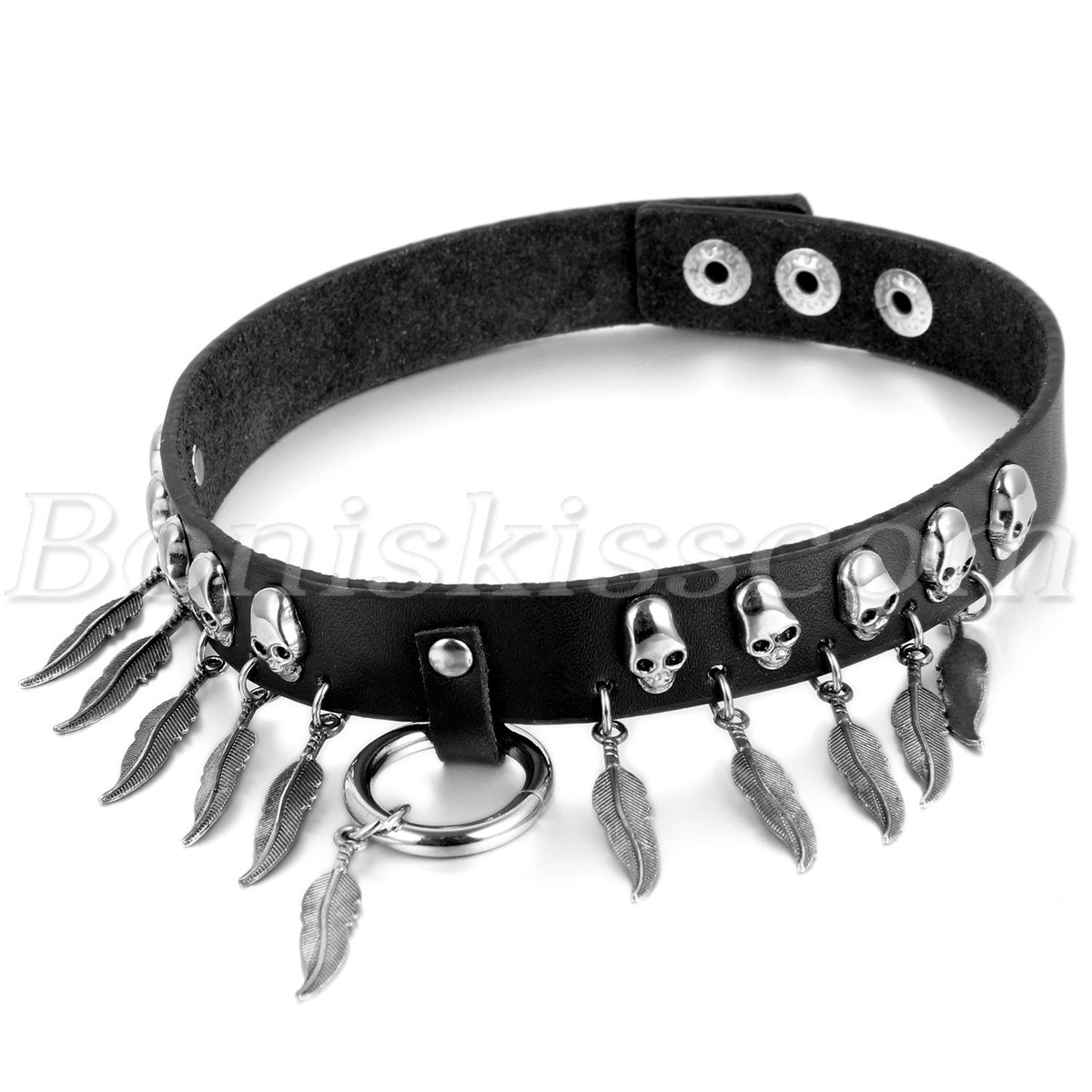 Gothic Punk Skulls Studs Feather Black Leather Choker Collar Necklace 80S  90S