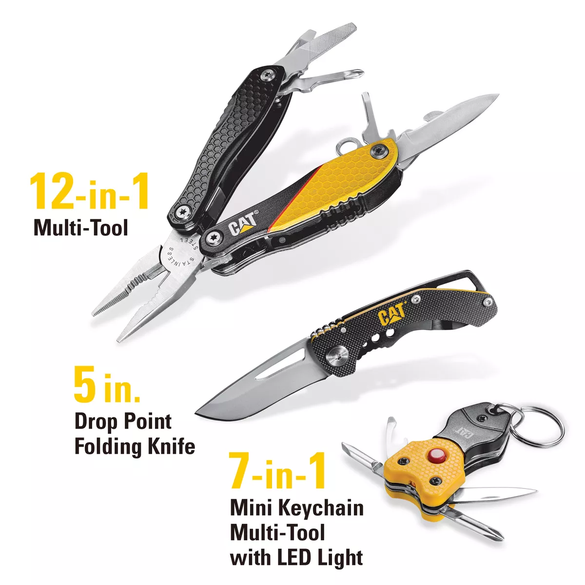 Cat 3 Piece 12 in 1 Multi Tool Knife and Multi Tool Key Chain Gift Box Set