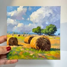 Autumn Harvest: Hay Bales at Dusk Original Oil Painting wall art for home decor