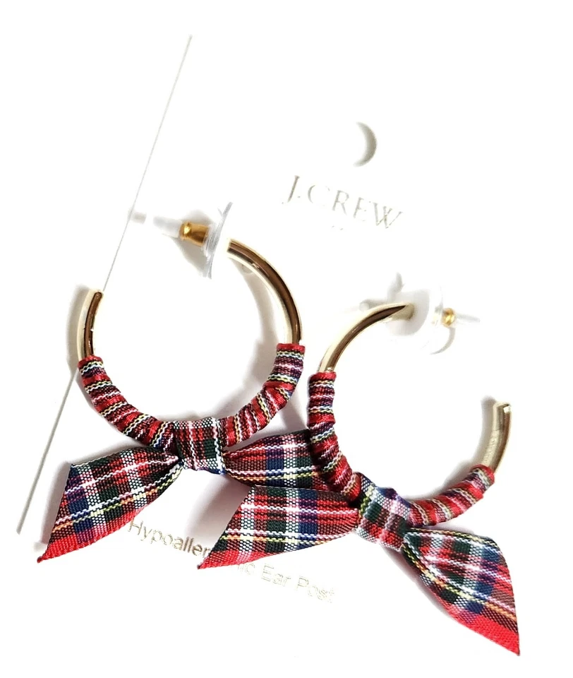 J.Crew 丝带包裹环状耳环羊毛松树枝红色格子镀黄铜全新带标签 — 第 3/4 张图片