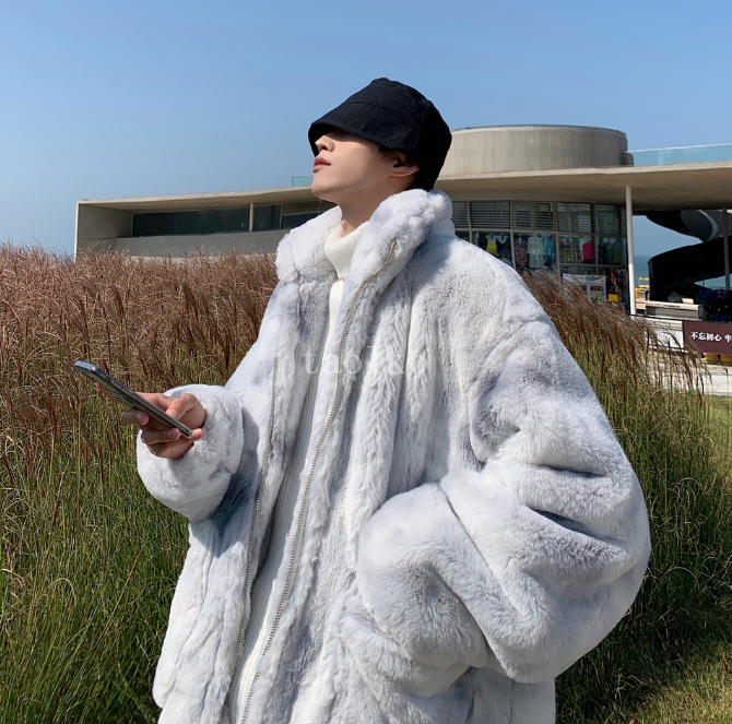 Mens Faux Lamb Fur Coat Tie-dye Loose Fit Jacket Stand Collar  