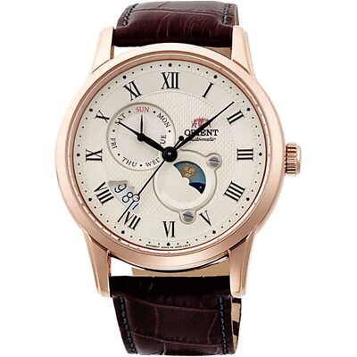Orient Bambino Sonne & Mond automatische elfenbeinfarbenes Zifferblatt Roségold Herrenuhr RA-AK0007S30B