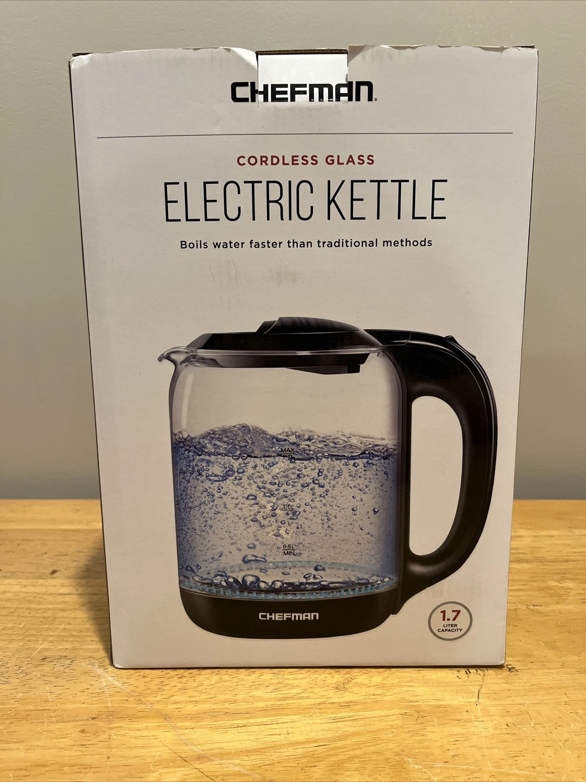 Chefman 1.7 Liter Electric Glass Tea Kettle with LED Boil Lights, Clear/Black