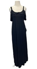 Soma Maxi Dress Medium Black Ruffle Pockets Stretch Soft Jersey Cold Shoulder