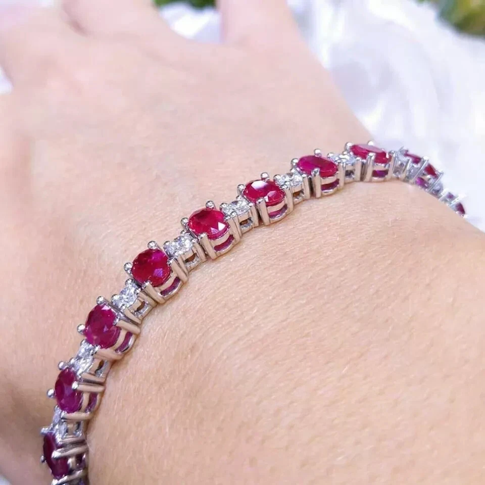 14K White Gold Plated Pink Ruby Oval Cut Lab Created 4Ct Women's Tennis Bracelet - Image 3 of 3