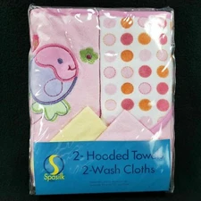 Spasilk Pink 2 Hooded Towels and 2 Washcloths Bath Set Fish Polka Dots New