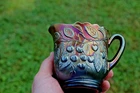 ANTIQUE MILLERSBURG HANGING CHERRIES CARNIVAL CREAMER AND SPOONER - AMETHYST