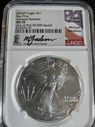 2024(P) SILVER EAGLE STAR PRIVY NGC MS70 FIRST 50K GAUDIOSO SIGNED NICE GANG