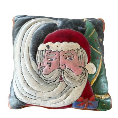 Hand Painted Leather Suede Santa Throw Pillow 12  Christmas