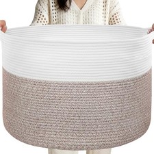 Extra Large Blanket Basket for Living Room - Cotton Rope 90L Brown White