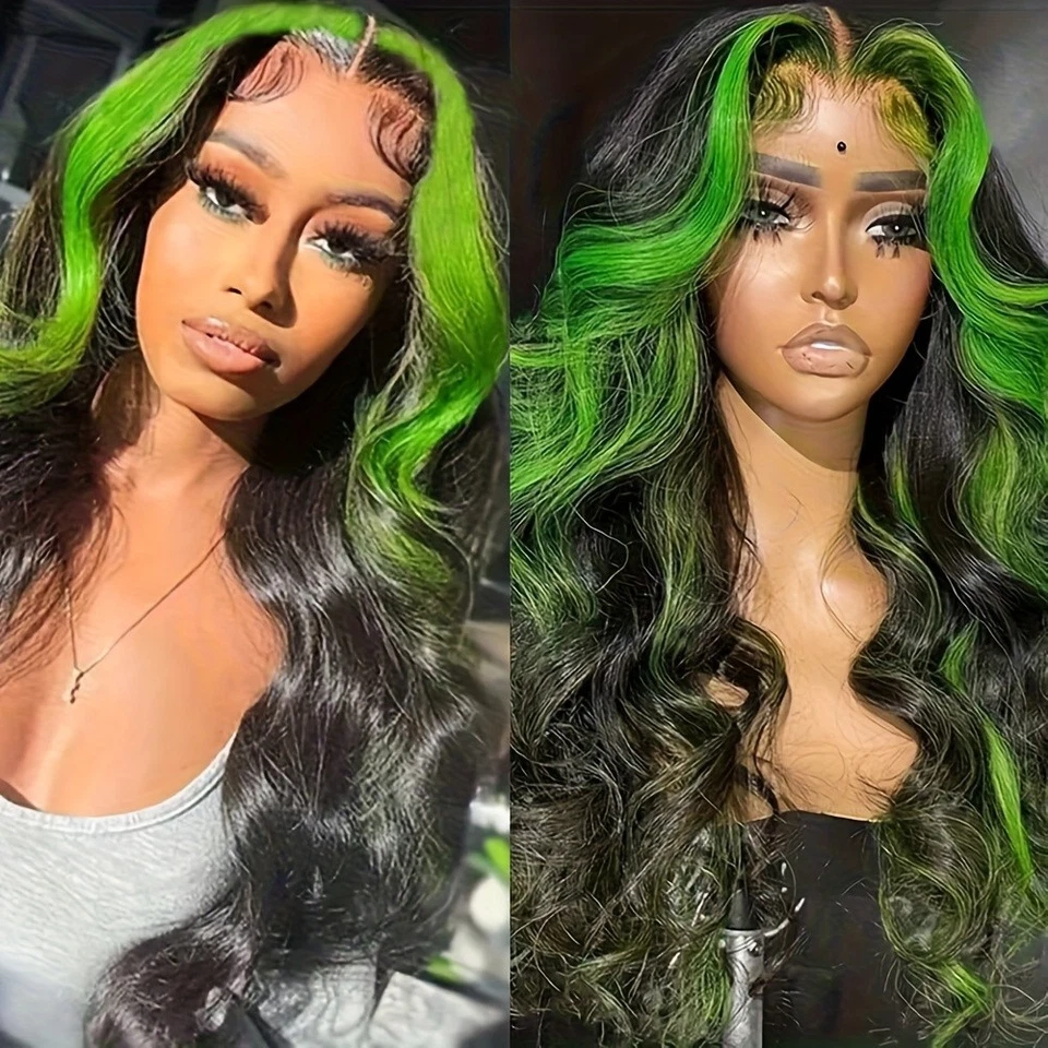 Pelucas delanteras largas onduladas de encaje Ombre Green Highlights línea de cabello natural pre arrancada Foto 3 de 4