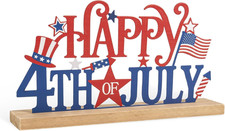 Metal Happy 4Th of July Sign Wooden Base, Patriotic Red White Blue American Flag