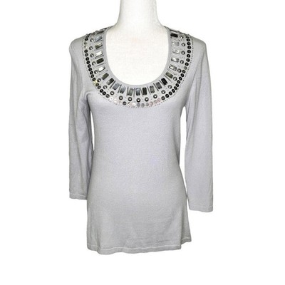 Chico's Size 0 Small Light Gray Beaded Long Sleeve Scoop Neck Tunic Top