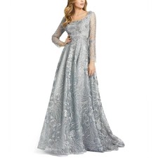 Mac Duggal 20285 Gray Evening Gown Beaded Embroidered Long Sleeve Dress Size 8
