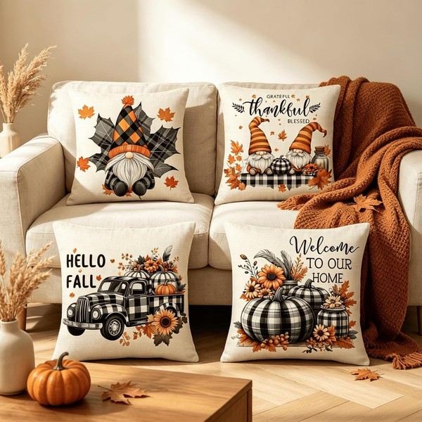 Kissenbezug Leinen 40X40 4Er Set Gnome Zwerg Herbst Deko Kissen-image