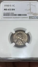 1930-S Lincoln Wheat Penny 1c NGC MS65 BN with Purple Toning on Reverse