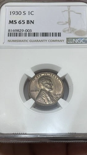 1930-S Lincoln Wheat Penny 1c NGC MS65 BN with Purple Toning on Reverse