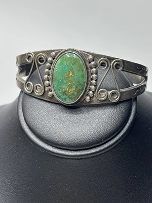 Fred Harvey Turquoise Sterling Cuff Navajo Bracelet Green 32 Grams Vtg Southwest - Image 1 of 4