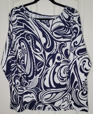 Talbots Plus 2X Paisley Knit Top 95% Cotton 5% Spandex White Navy Blue
